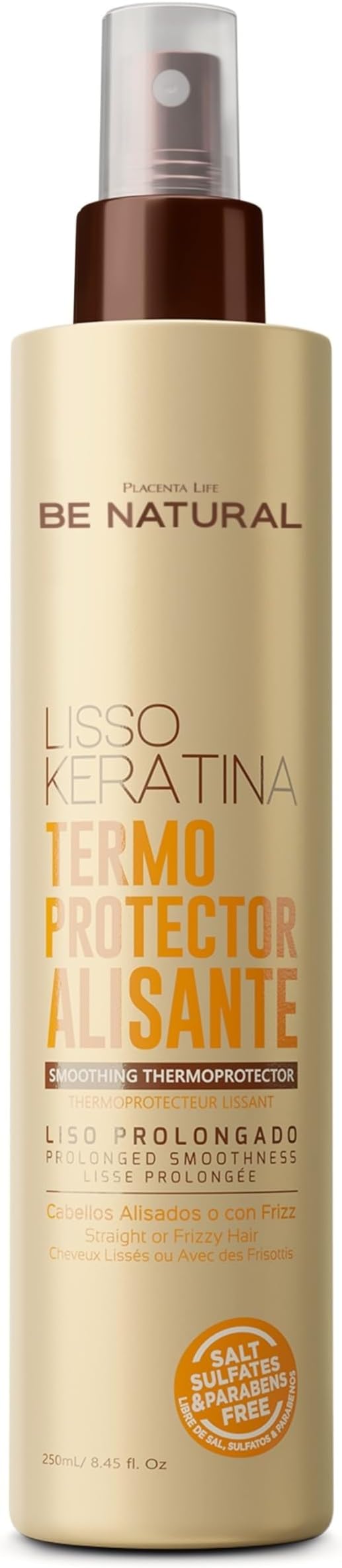 BE NATURAL LISSO KERATINA Smoothing Thermoprotector for Straight or Frizzy Hair - Protects from heat - Prolonged Smoothness.(250 ml/8.45 fl/oz)