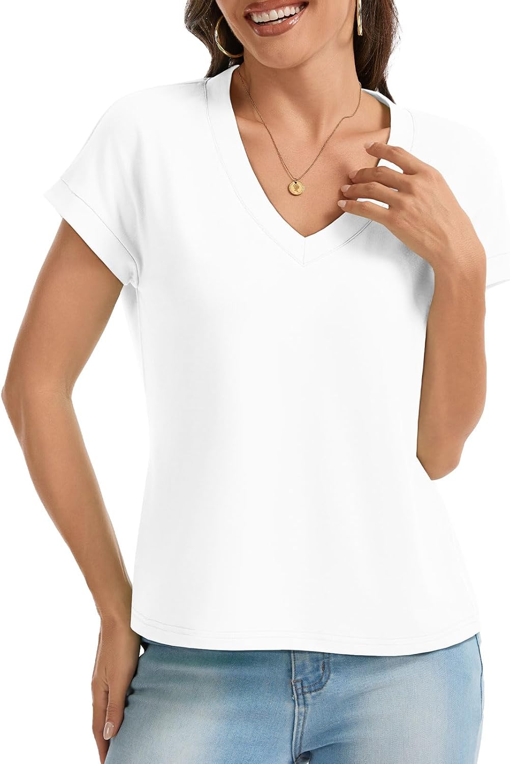 UNCLECAT Womens Crop Tops V Neck Cap Sleeve T Shirts Summer Basic Loose Fit Short Sleeves Tee Cute Trendy Clothes