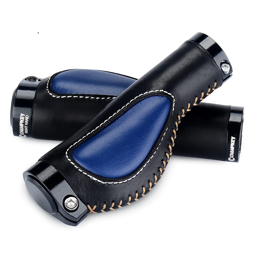 Fahrradgriffe Fahrradgriff Aluminiumlegierung Lock Ring Leder Integriertes Mountainbike Lenkerbuchse Gehäuse Stoßdämpfung Griffe Fahrrad Griffe (Color : Black Blue)