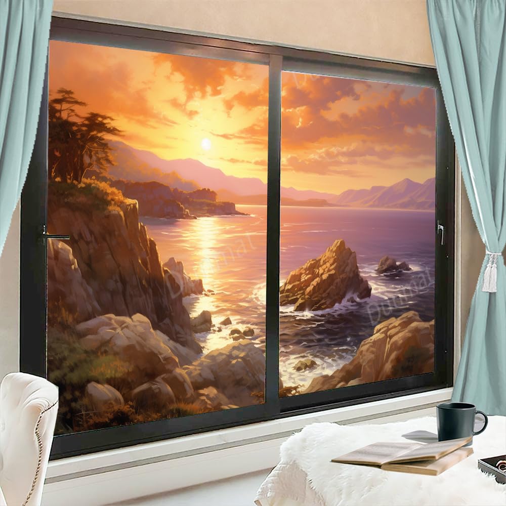 Beautiful Sea One Way Privacy Window Film Colourful Sky Sunset Coastal Scenery Heat Blocking Window Clings Self-Adhesive Privacy Cover Film 45x60 cm x 2 Pcs