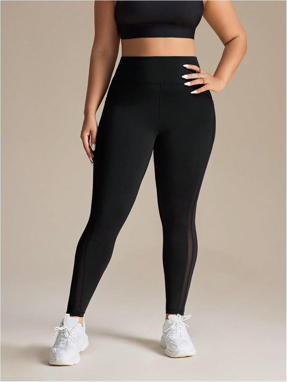 WDIRARA Women's Plus Size Mesh High Waisted Leggings Stretchy Workout Yoga Pants with Side Pockets - Image 5