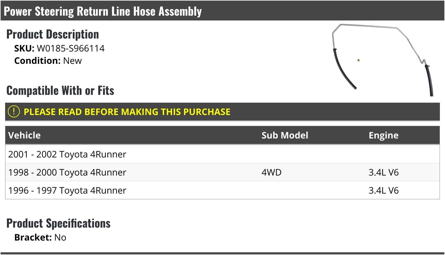 Power Steering Return Line Hose Assembly - Compatible with 1996-2002 Toyota 4Runner 4WD 3.4L V6