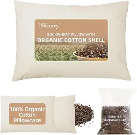 USlixury Travesseiro de trigo sarraceno com fronha extra orgânica e cascos extras, altura e firmeza ajustáveis, travesseiro de trigo sarraceno orgânico, suporte de pescoço firme para pessoas que