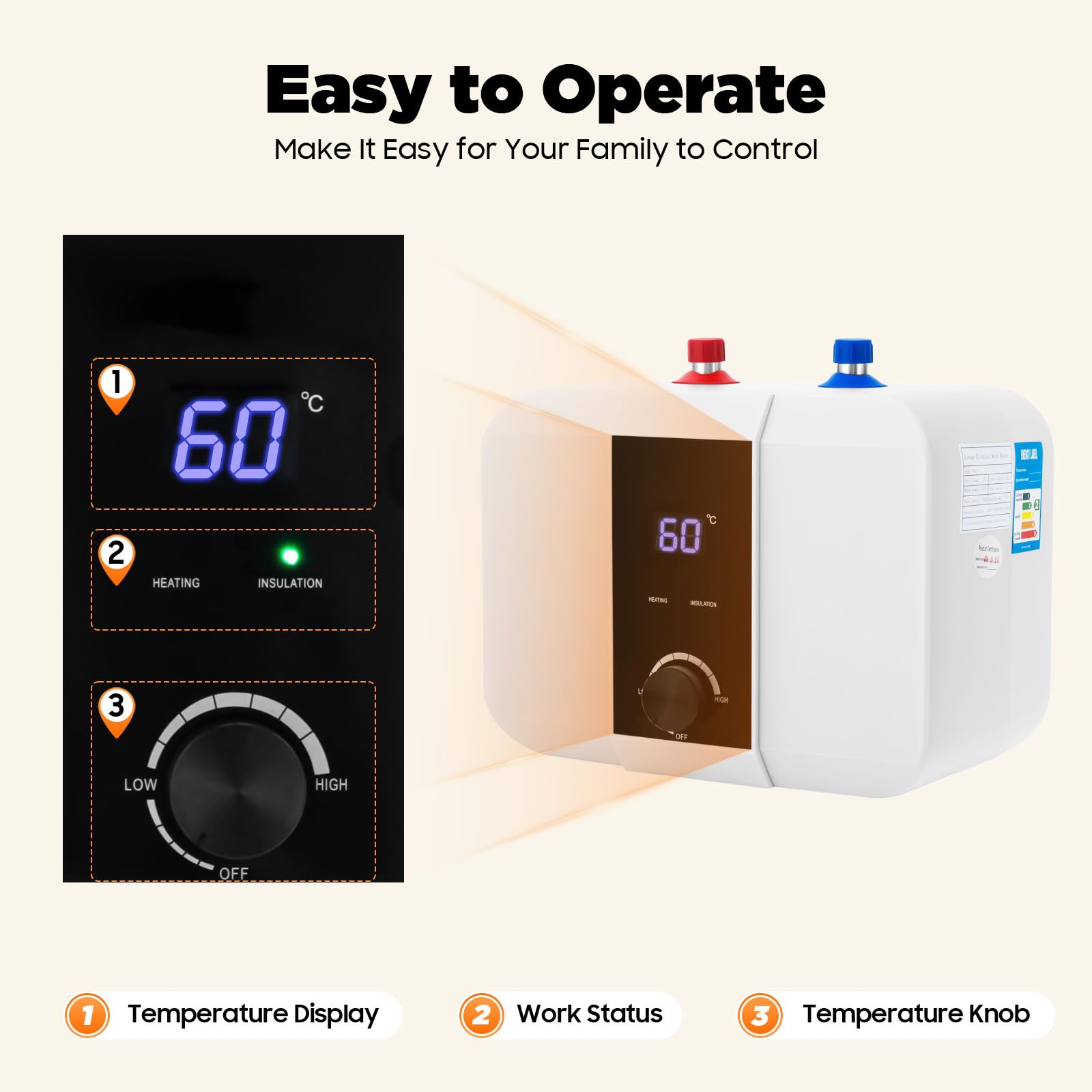 Chauffe-eau instantané électrique 6 L 1500 W 220 V avec affichage numérique LED mini chauffe-eau salle de bain cuisine
