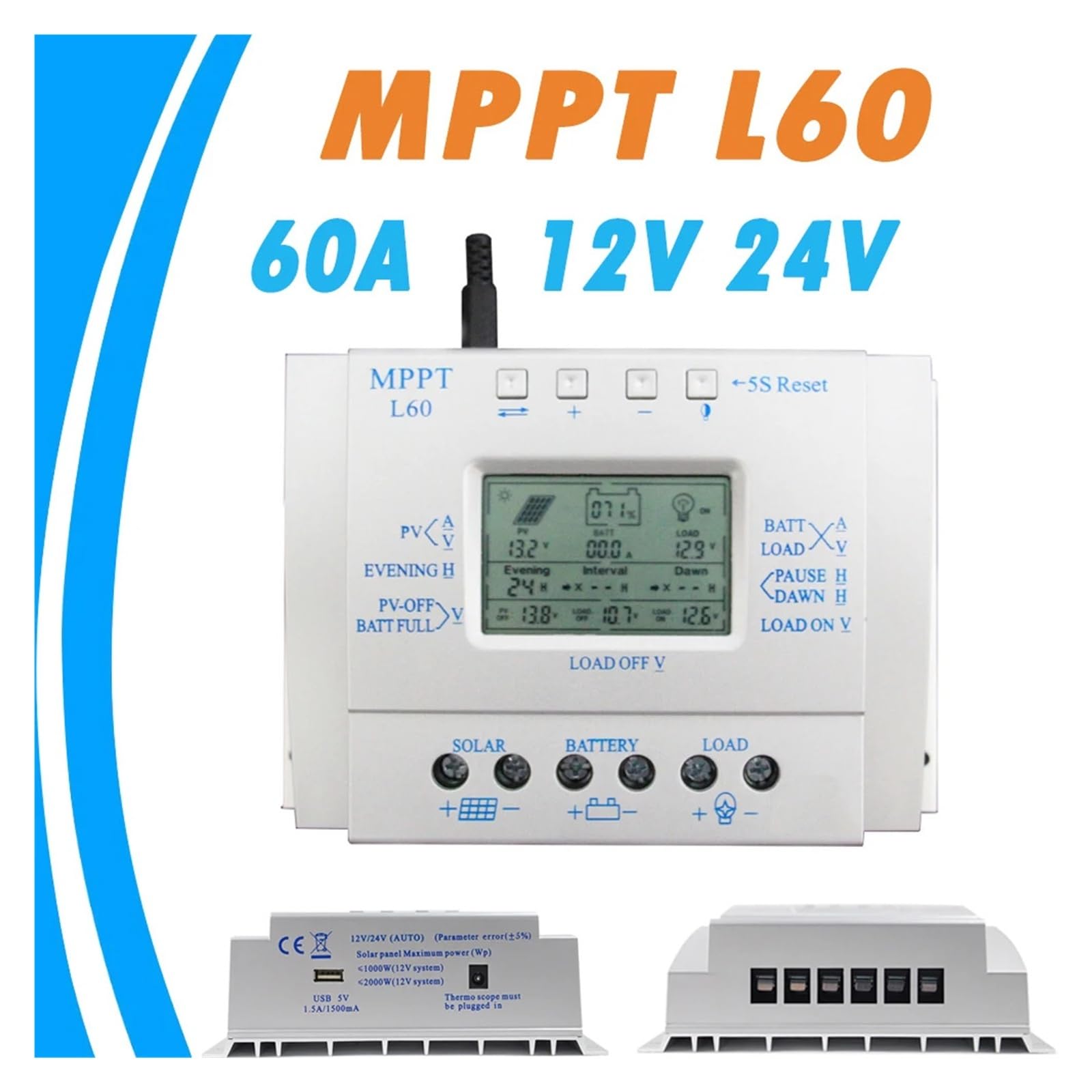 Solar Laderegler MPPT 60A Solarladeregler LCD 12V 24V Auto mit USB 5V 1500mA Solarregler Hocheffizientes Solar-Tracking-System