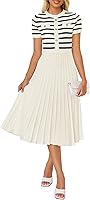 ZESICA Women's Striped Crewneck Midi Dress 2026 - Short Sleeve Ribbed Knit Swing Pleated A-Line Casual Dress
