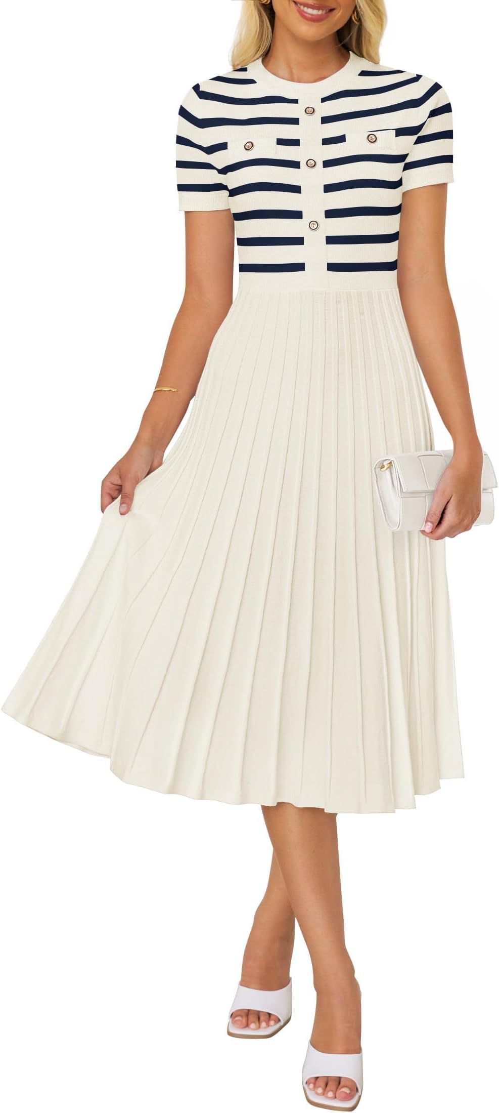 Women's 2026 Casual Striped Midi Dress Crewneck Short Sleeve Button Ribbed Knit Swing Pleated A Line Dresses