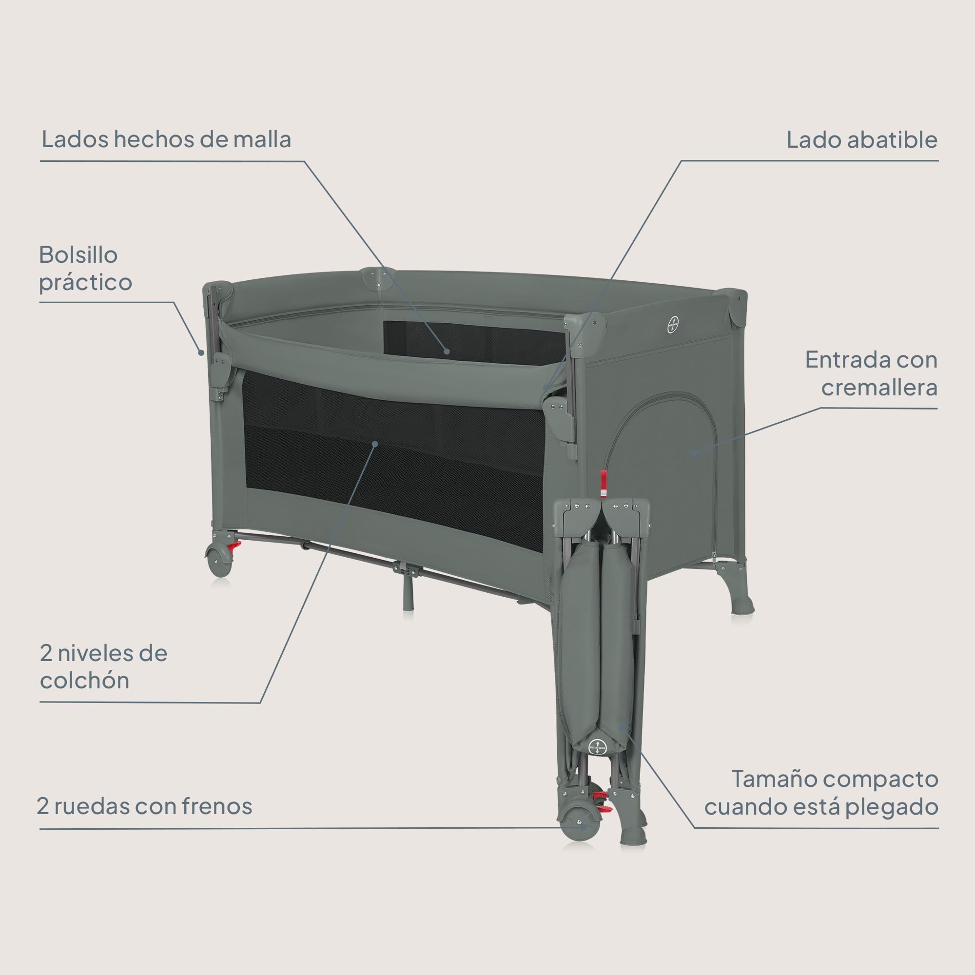 LIONELO ELLEN Cuna de viaje 3 en 1 de 0 a 3 años, Cuna Colecho para Recién Nacidos y Mayores hasta 15 kg, 2 Alturas de Colchón, Correas de Amarre, Entrada Lateral con Cremallera, 2 Ruedas Bolsa