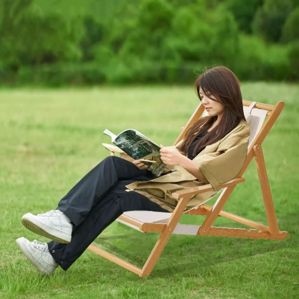 Folding Wood Deck Chairs Beach Sling Chair Patio Lounge Chair with 4 Level Height Adjustable,Bamboo Outdoor Sling Chair Patio Lounge Chairs for Outside (Color : with Footstool)