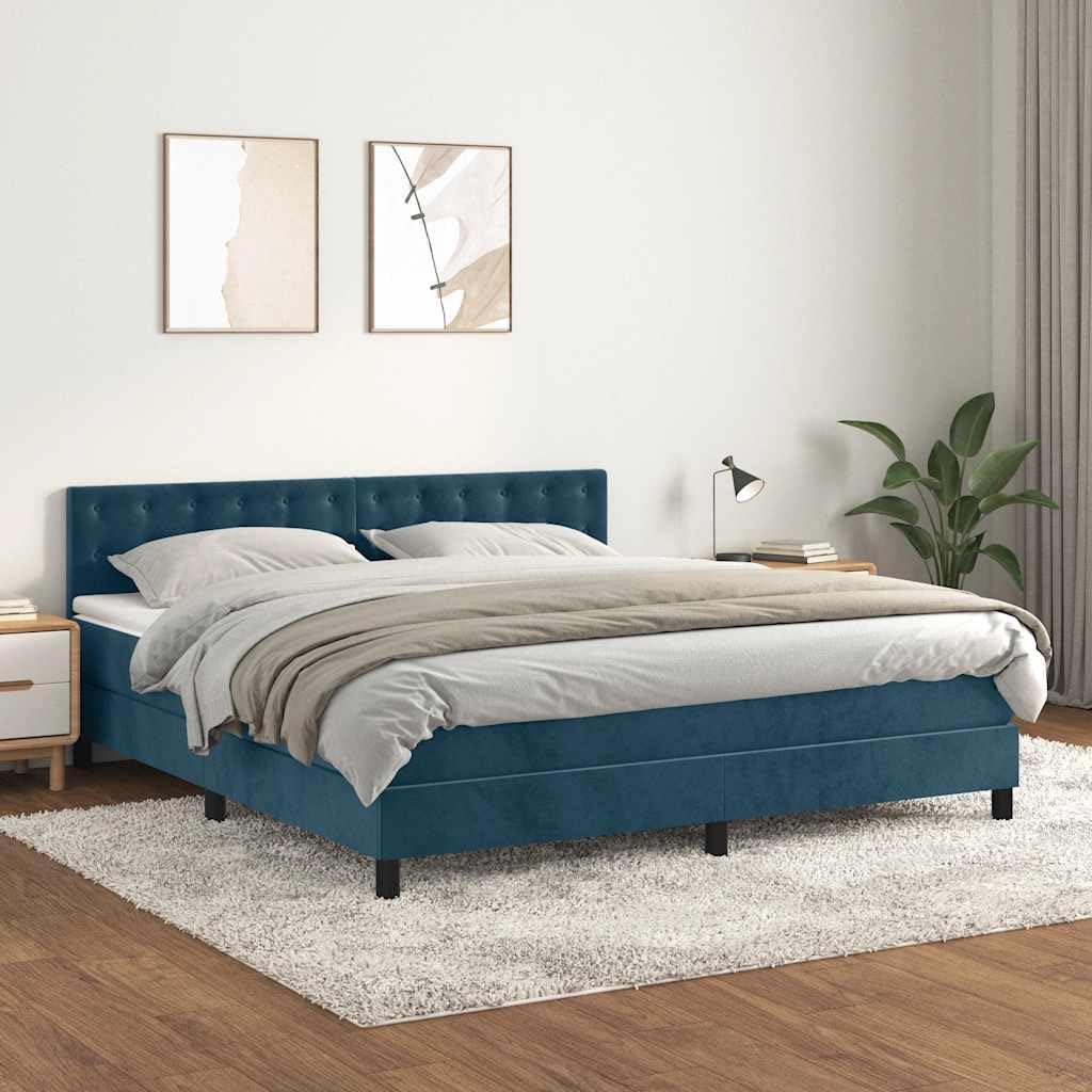 Cama con somier con funda de terciopelo de 160 x 200 cm y cabecero regulable en altura, incluye colchón de muelles ensacados para apoyo de dureza media