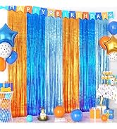 Blue Dog Birthday Party Decorations, Orange and Dark Light Blue Metallic Tinsel Foil Fringe Curta...