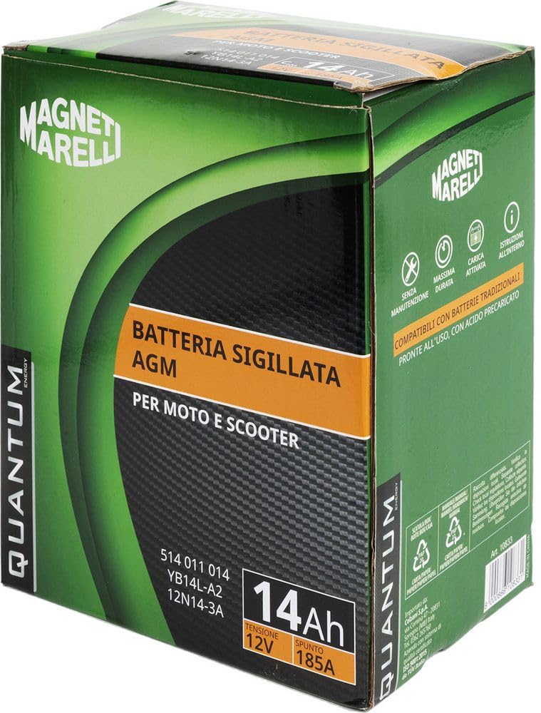 Quantum Energy Batería Magneti Marelli para motocicletas y scooters, 14 Ah, 12 V, 185 A, sellada, tecnología AGM, polo positivo izquierdo