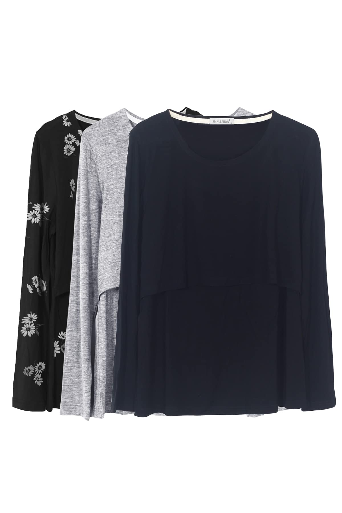 Smallshow Camicie da donna a maniche lunghe per allattamento al seno, 3 pezzi, Nero-chiaro Grigio-svp121, XL