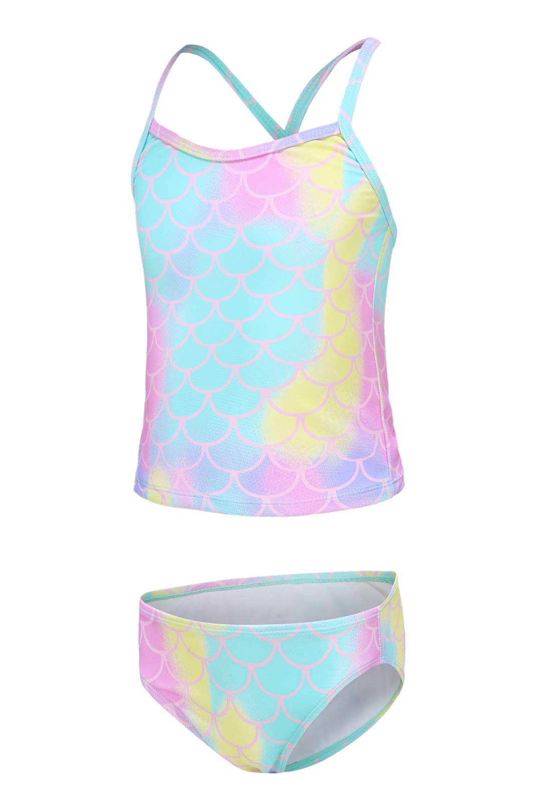 Aisyee Traje de baño para niña, tankini de dos piezas, traje de baño floral para niñas de 3 a 16 años, Rainbow Mermaid, 13-14 Años