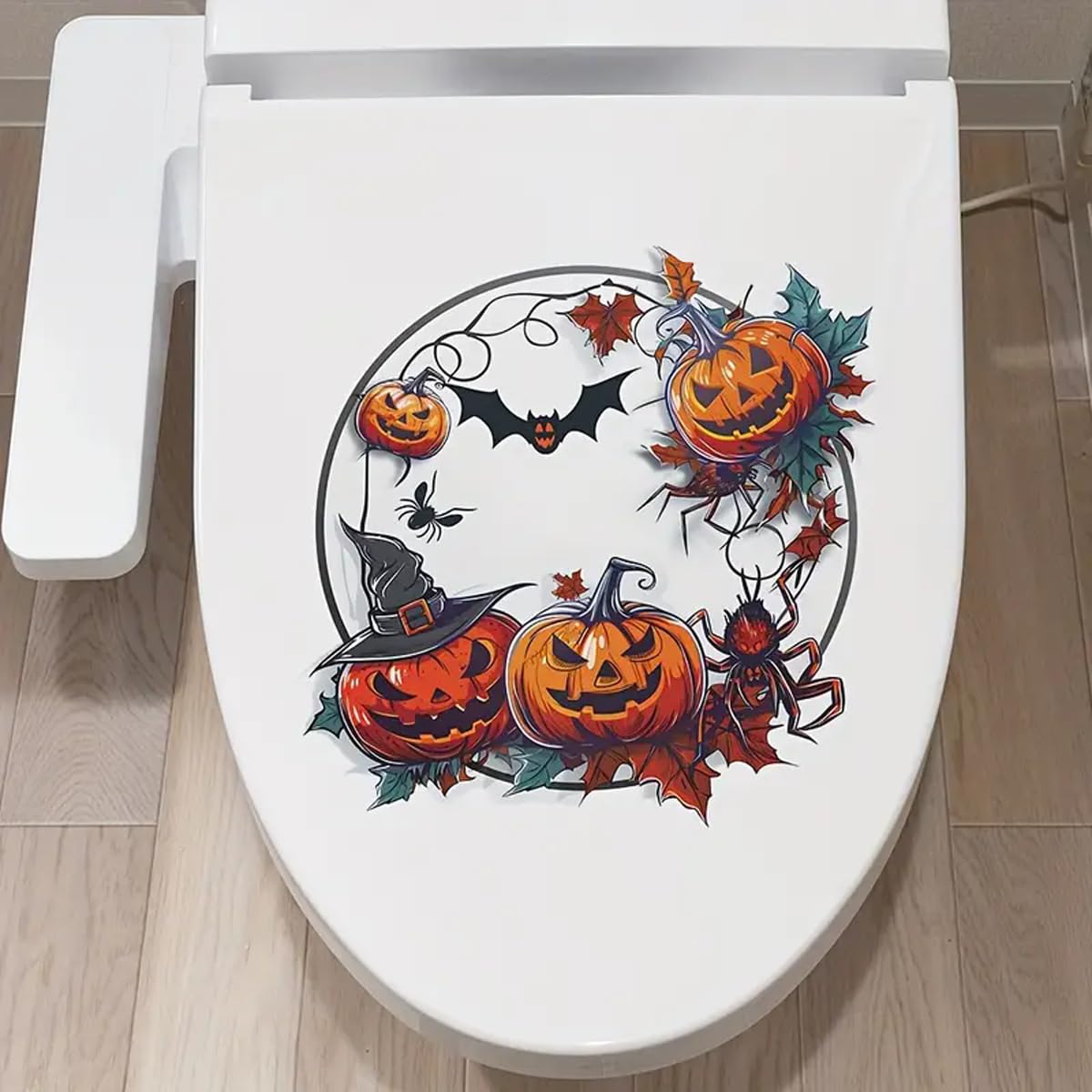 TOLOVIS Halloween Bat Pumpkin Toilet Cover Sticker Decals,Flower leaf bird Waterproof Toilet Lid Tank Seat Decals Cistern Self-Adhesive Bathroom Wall Sticker
