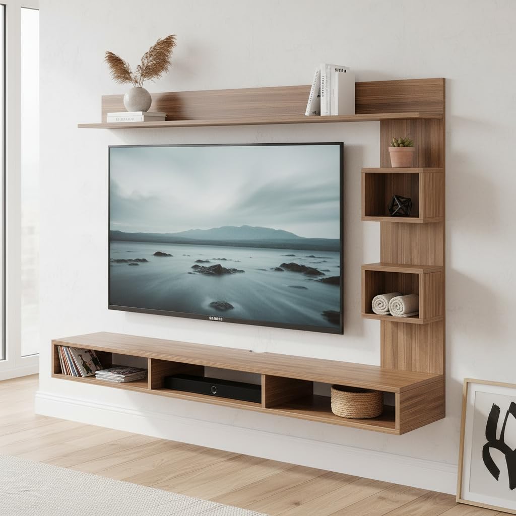 EL Engineering Wood Wall Mount TV Entertainment Unit Set Top Box Stand/TV Cabinet Showcase with Shelves for Books & Decor Display Unit, Ideal for 43 Inch TV (Exotic Teak)-image-34