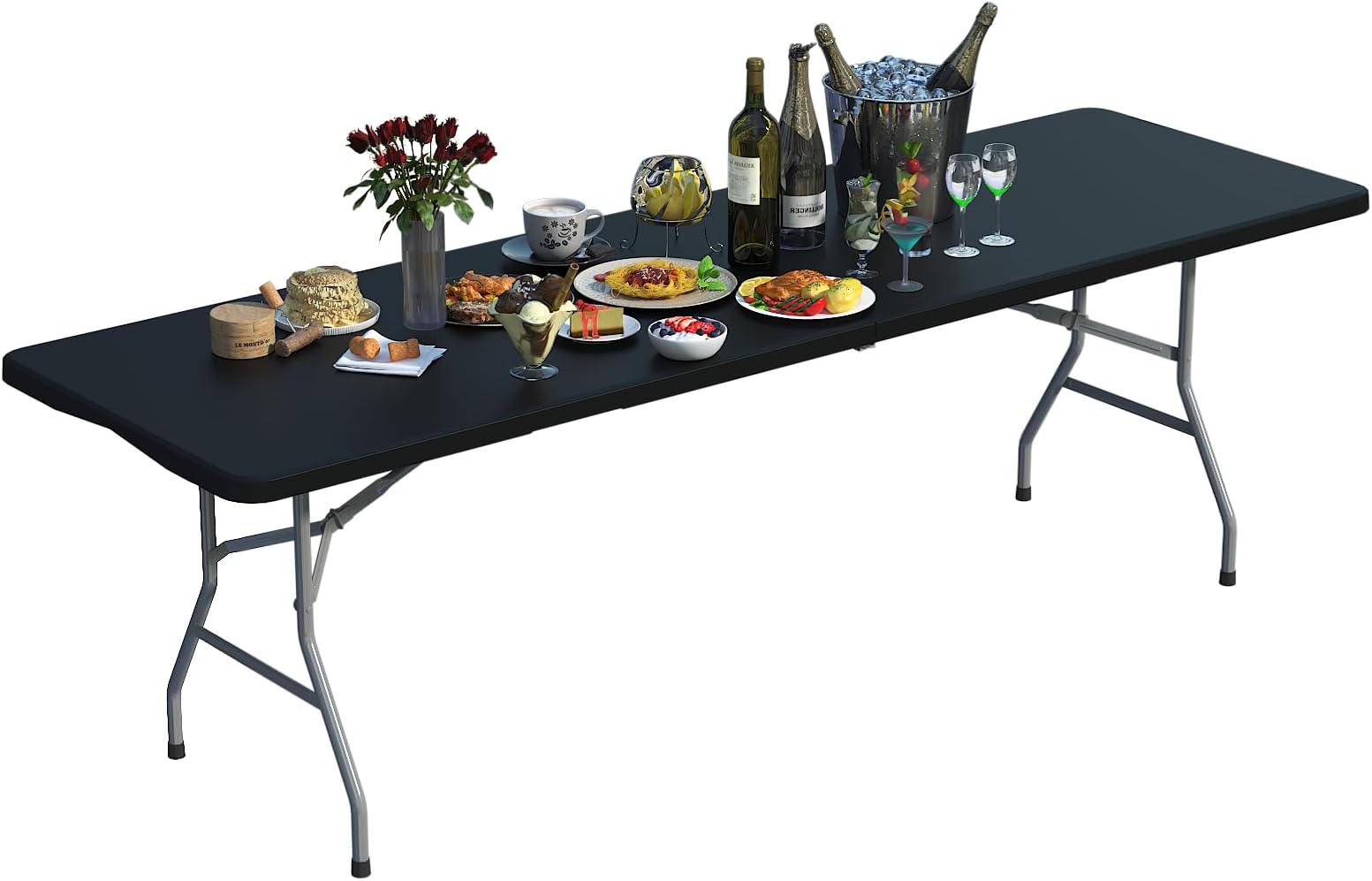 Foldable Table 8ft, Plastic Folding Table, Portable Heavy Duty Dining Tables with Lock Function & Carrying Handle, Outdoor Indoor Foldable White Tables for Camping Party Picnic, Black