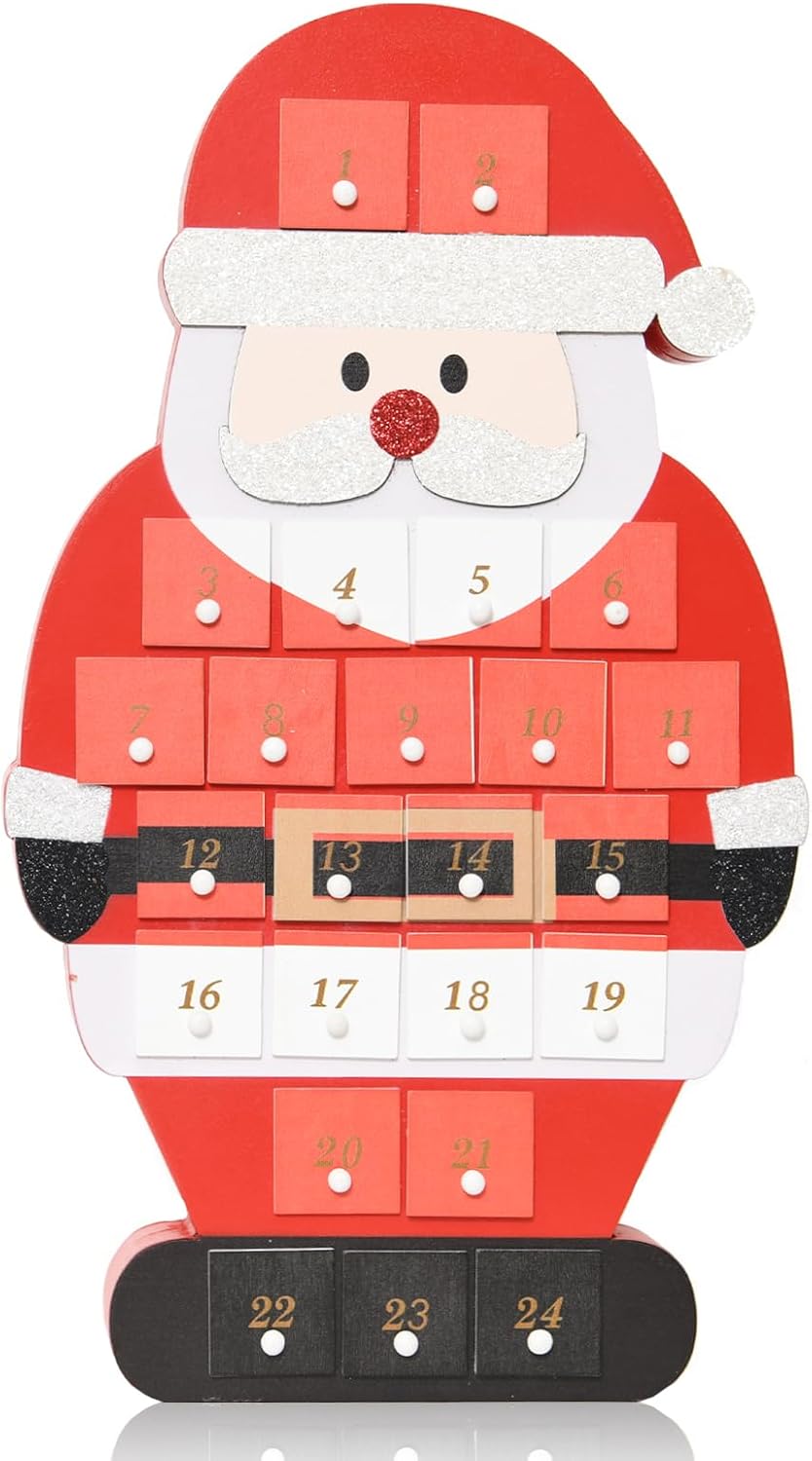 Christmas Advent Calendar 2024-Beautiful Wooden 24 Drawer Countdown,Great Gift Box for Kids Premium Wood Refillable Advent Cute Holiday Decoration (Santa Claus) red
