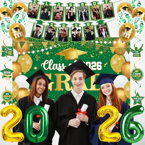 Image of Holkcog 2026 Graduation Decorations, Green Gold Class of 2026 Congrats Graduation Backdrop, Balloons, Honeycomb ornament for Graduation Party Decorations, Outdoor Indoor Grad Party Decor Supply