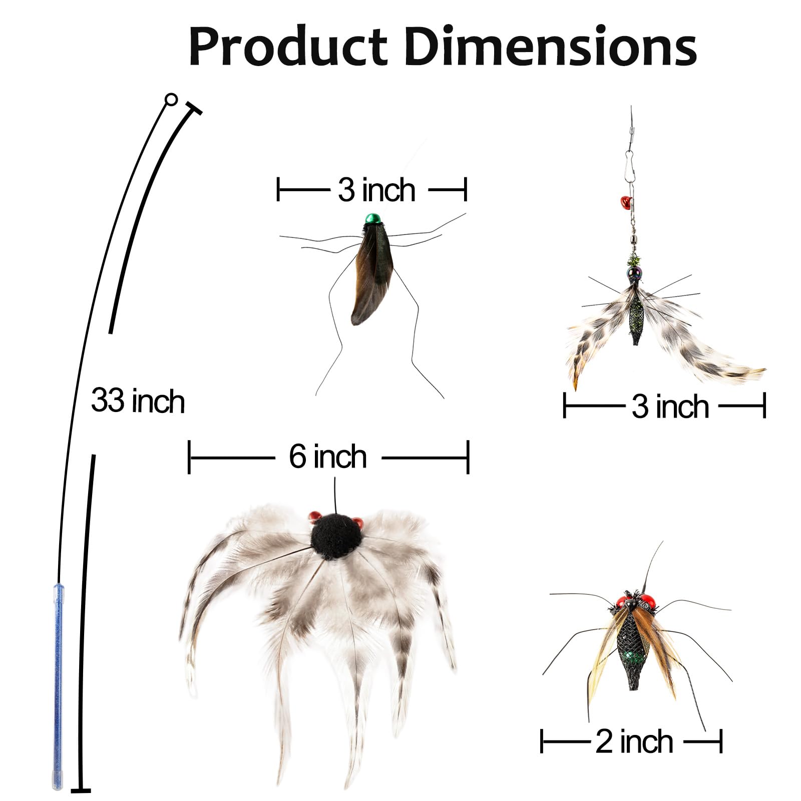Juguetes de varita de plumas de insectos para gatos, varita de juguete interactiva para gatos con 4 recambios de insectos de simulación, juguetes naturales hechos a mano para gatos de interior