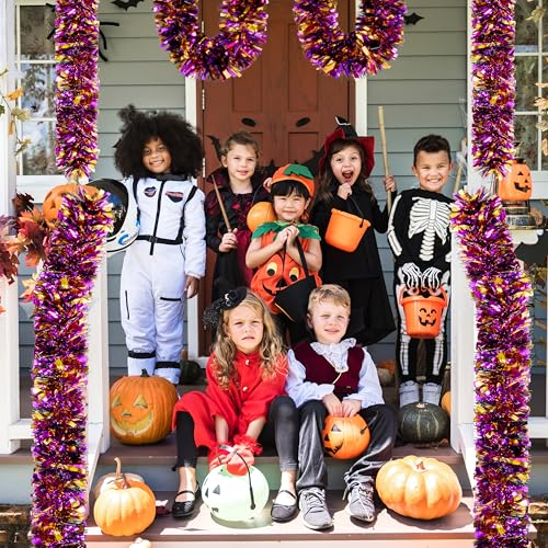 Image of 50 FT Halloween Tinsel Garland, Orange Purple Black Glitter Tinsel Garlands, Metallic Holiday Hanging Streamers for Halloween Party Supplies Indoor Outdoor Decoration