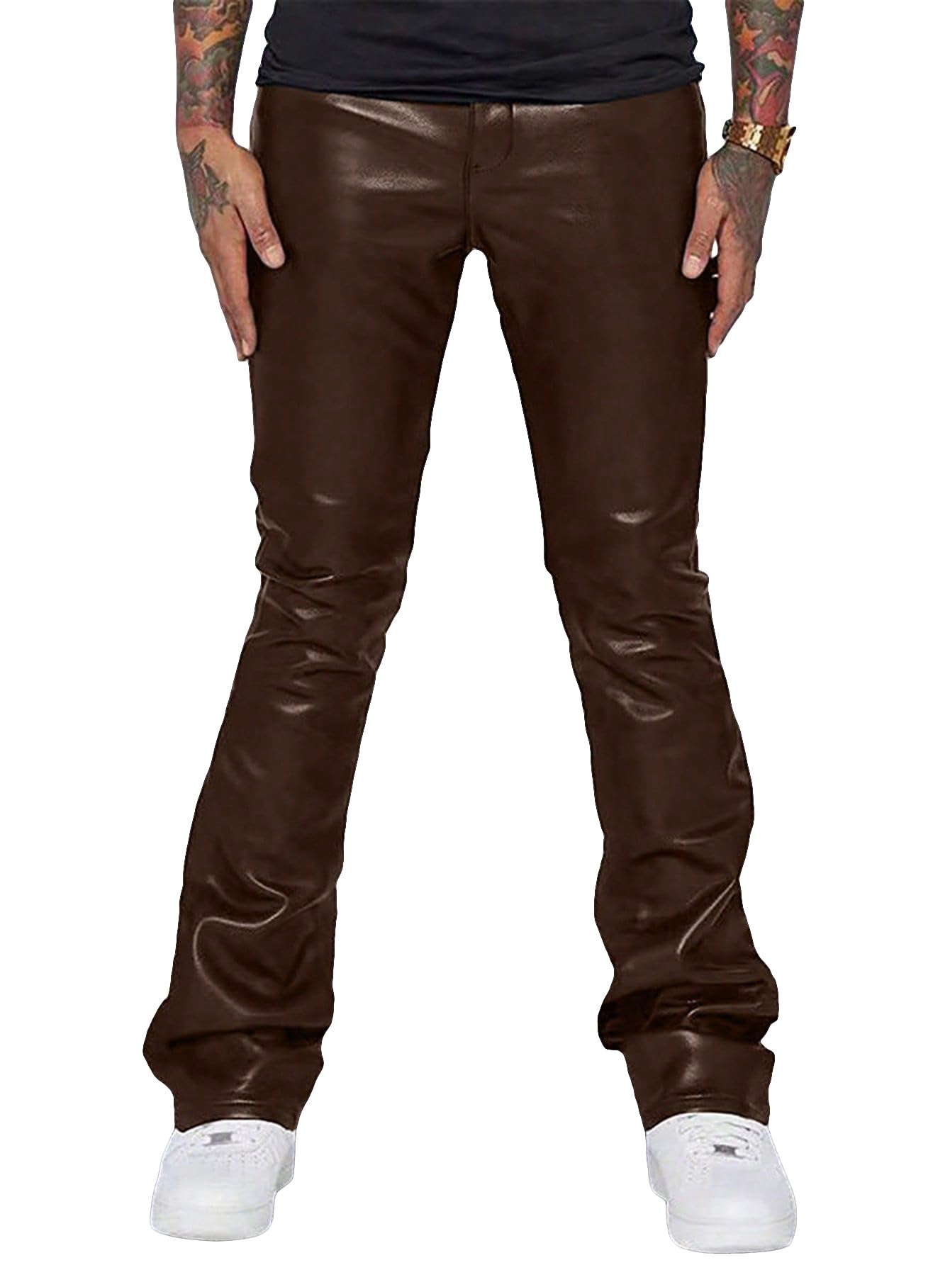 WDIRARA Men's Pu Leather Pants High Waist Flare Leg Long Pants with Pockets