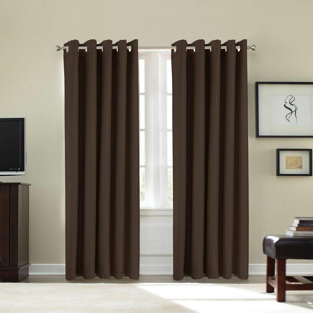 EHD Blackout Thermal Curtains Eyelet Top Ring Top Luxury Blackout Curtain Pairs (Chocolate, 66" x 72")