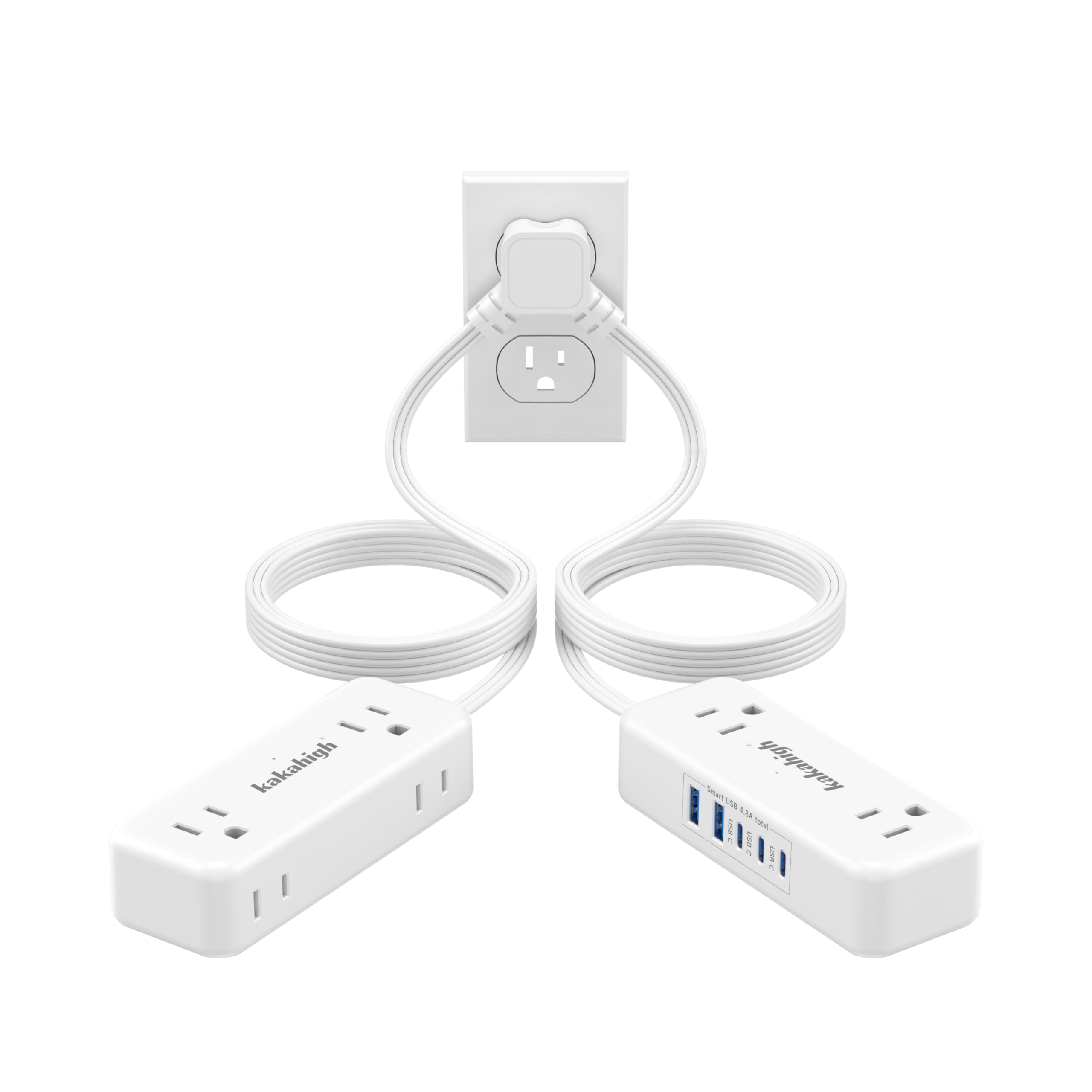 Split Extension Cord 10FT (5FT on Each Side), Single Flat Plug Twin Extension Cord with 4 AC Outlets, 2 USB-A & 3 USB-C(24W/4.8A), Nightstand Charging