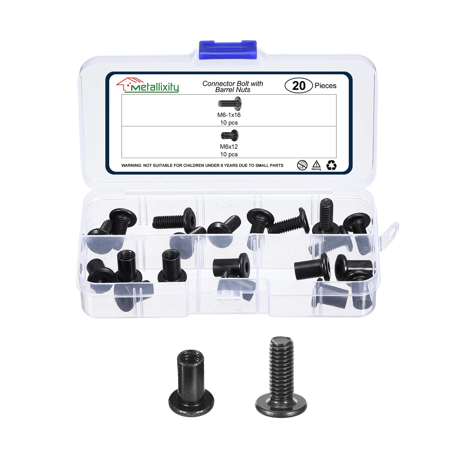 METALLIXITY Furniture Connector Bolts Cap Nut Kit(M6-1x16mm) 20Pcs, Connector Bolts M6 Screw Barrel Nuts Binding Screws