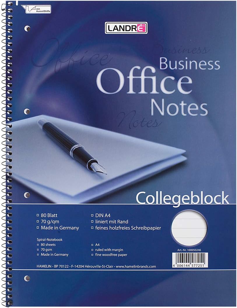 Landre Office 100050245 Notebook A4 80 Pages Quadrille-Ruled with Margin, 70 g/m² Pack of 10 Spiral-Bound Notepad "Office", A4 Rip-Out, 80 Sheets, Lined/Margin 0