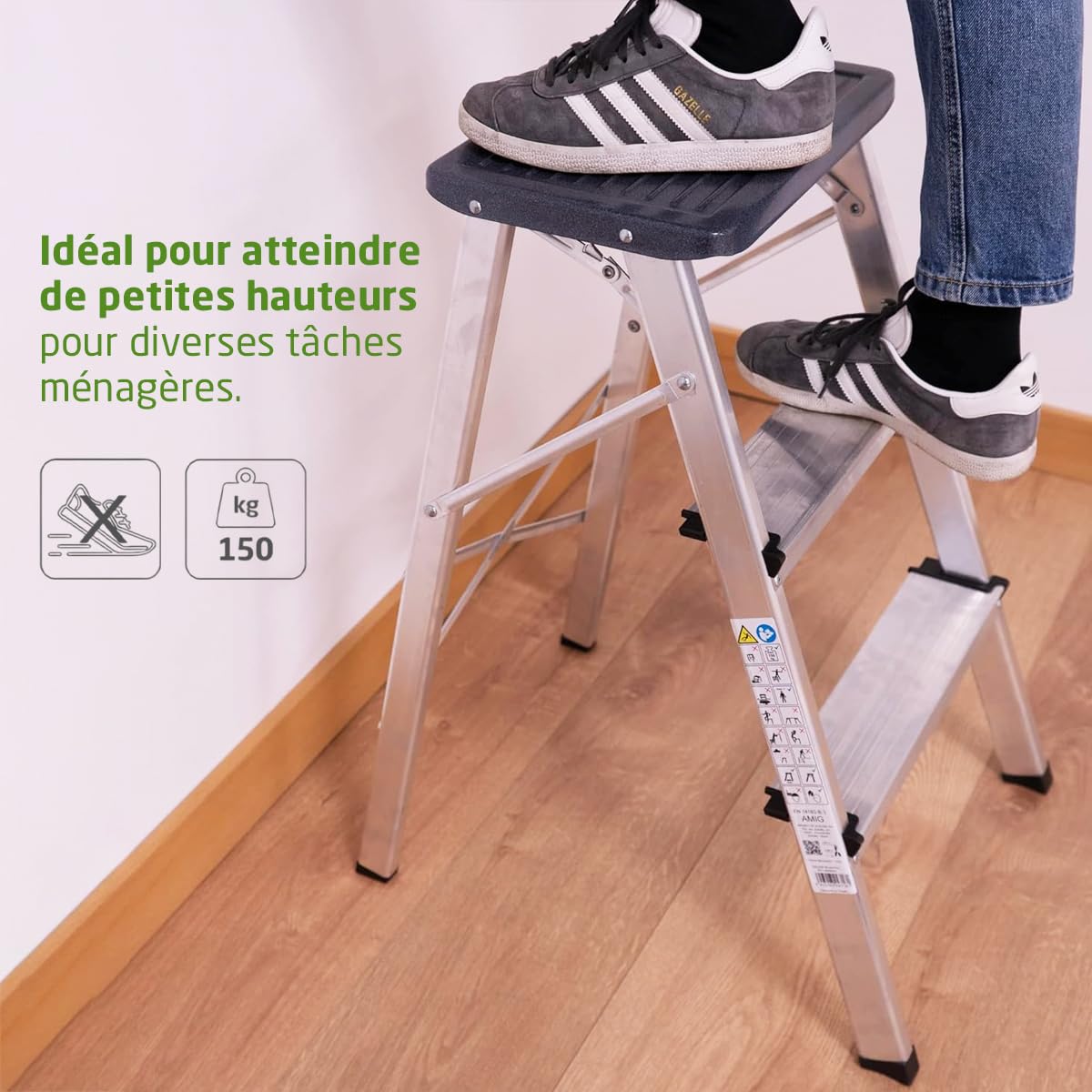 Amig - Escabeau Pliable à 3 Marches | Aluminium Léger et Résistant | Marches Antidérapantes pour Sécurité | Facile à Transporter et à Ranger | Idéal pour Accès à Petites Hauteurs, Aluminium, 3 Marches