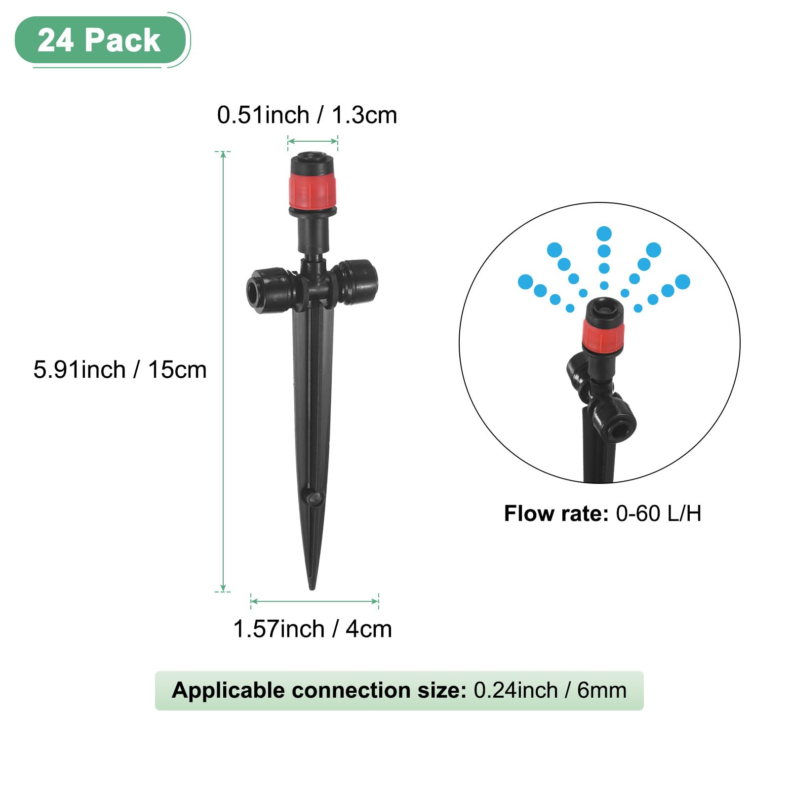 M METERXITY 24-Pack Drip Irrigation Emitters, 6"/15mm Drippers with Stake Adjustable 360 Degree Water Flow pour 1/4" Drip Irrigation Tubing pour Watering System [Red, Drip]