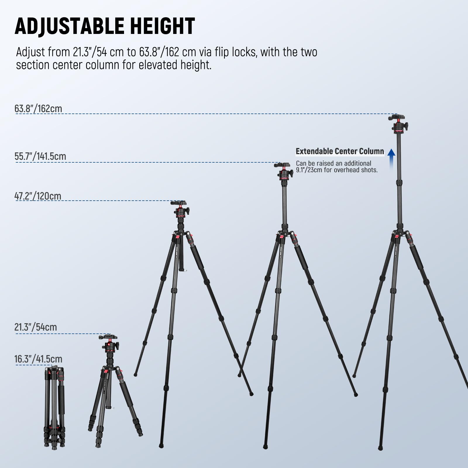 NEEWER BASICS Statyw podróżny z włókna węglowego, 162.6 cm, kompaktowy, lekki, przenośny, na aparat, stojak na telefon komórkowy, kompatybilny z nagrywaniem wideo iPhone'a, głowica kulowa typu Arca