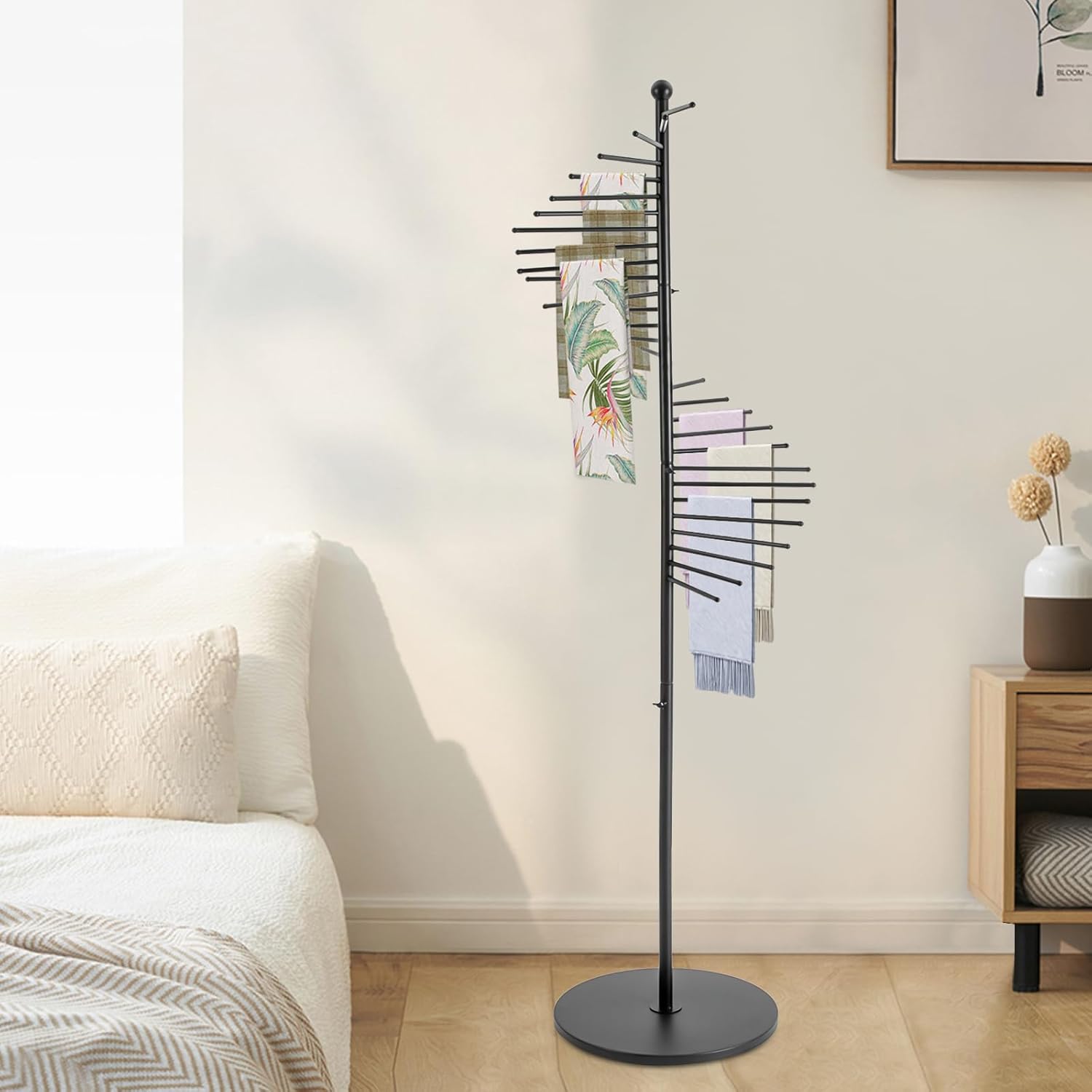 Scarf Rack Free Standing, Spiral Scarf Holder with 30 Rods, Commercial Hijab Organizer Belt Pants Hanger for Clothing Store Commercial Home, Space Saving Shelves (Black)