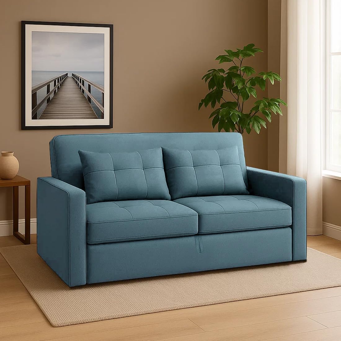 CASASTYLE Trissa 2 Seater Pull-Out Premium Fabric Sofa Cum Bed Sofa Set for Living Room (Sky Blue Fabric-Color)-image-10