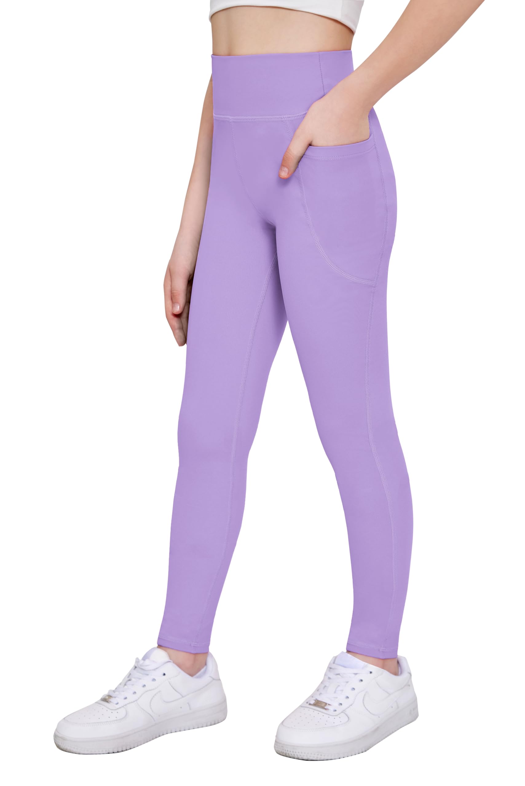 Arshiner Mädchen Leggings Kinder Lang Sportleggins Einfarbig Hohe Taille Sporthose Basic Elastisch Leggings Jogging Training Yoga Hosen mit Taschen 5-14 Jahre