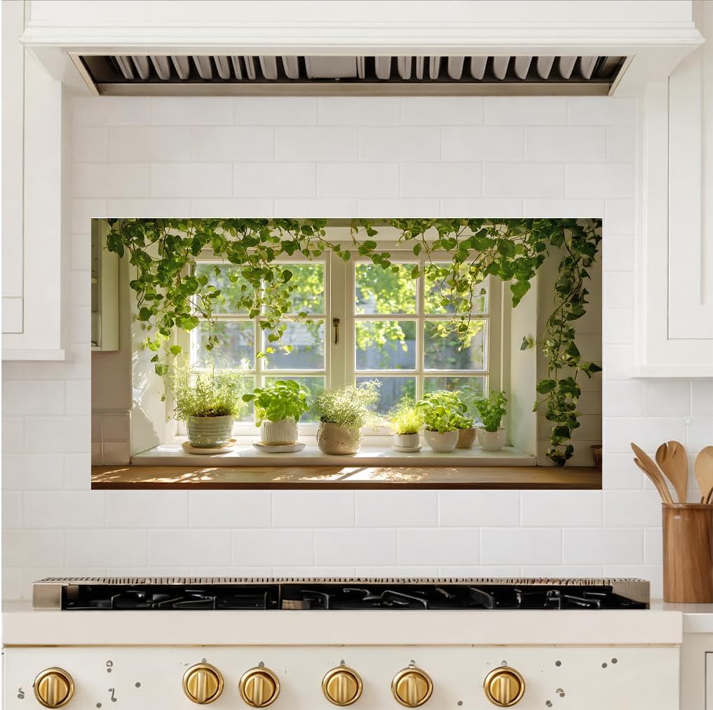 Kitchen Wallpaper 17.3x27.9 Inch Spring Summer Green Plant Window Scene PVC Peel and Stick Oil-Proof Wall Decal for Stove Counter Cabinet Backsplash Home Kitchen Decoration
