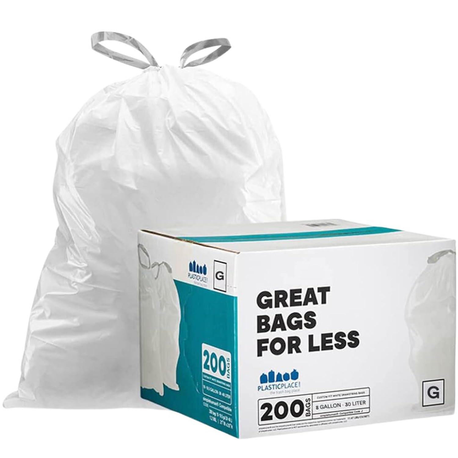 Plasticplace Custom Fit Trash Bags, Compatible with simplehuman Code G (200 Count) White Drawstring Garbage Liners 8 Gallon / 30 Liters, 17.5" x 28"