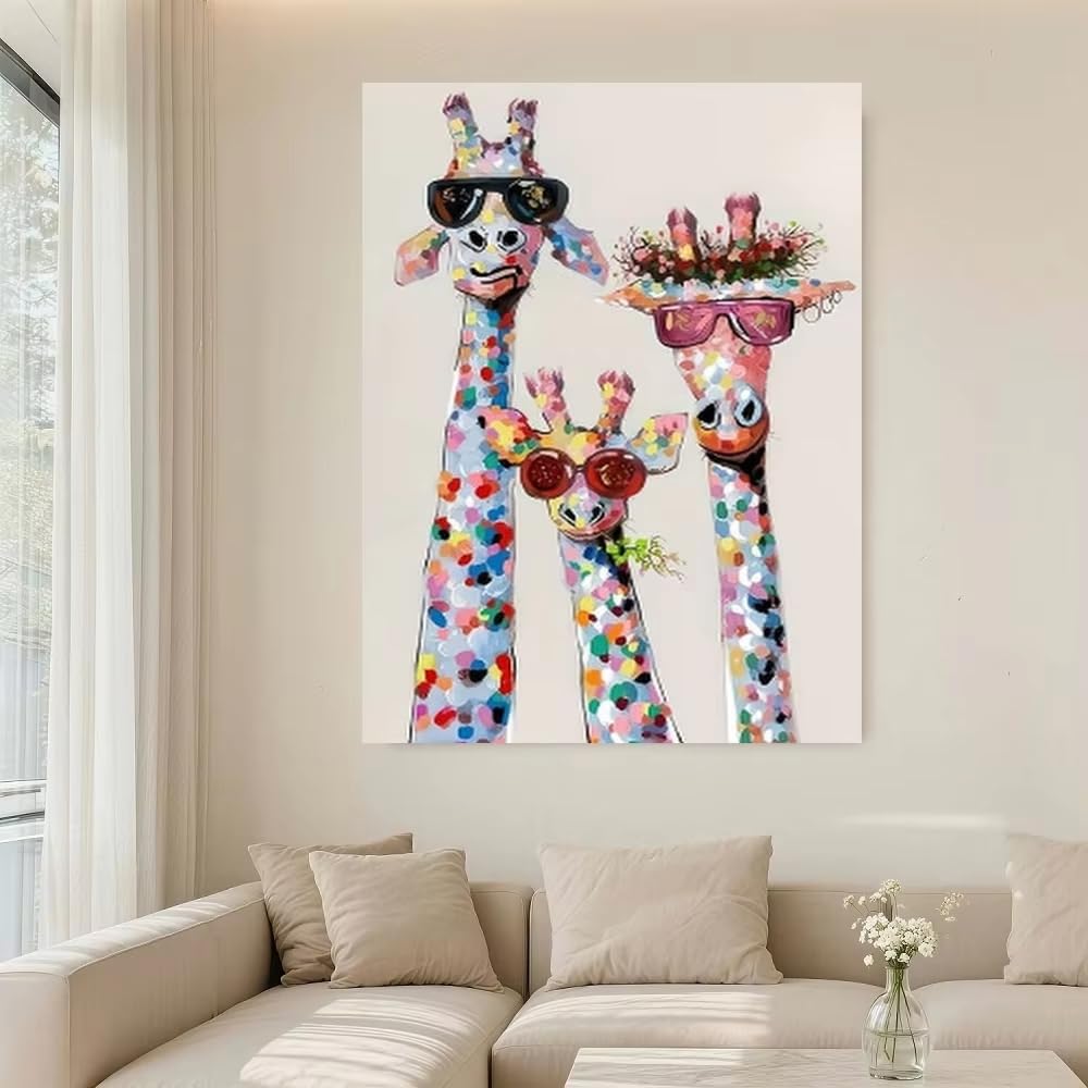 IHHGNB Vibrant Giraffe Canvas Art Print Colorful Modern Wall Decor With Glasses Floral Accents Wall Art Painting for Living Room(70x100cm(28x39in)/No frame)