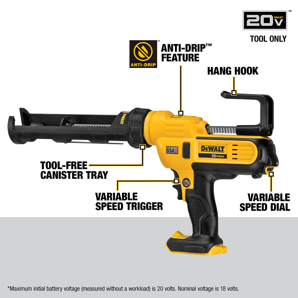 DEWALT Pistola de calafateo inalámbrica de 20 V máx.*, 10 onzas/300 ml, solo herramienta (DCE560B)