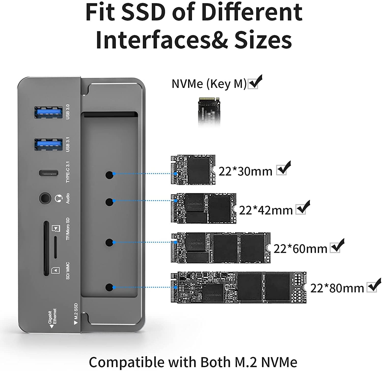 Hub USB-C con carcasa para disco duro, adaptador 10 en 1 USB C Hub con carcasa para disco duro externo M.2, lector de tarjetas SD/TF, 100 W PD compatible con ordenador portátil y iPad (gris)