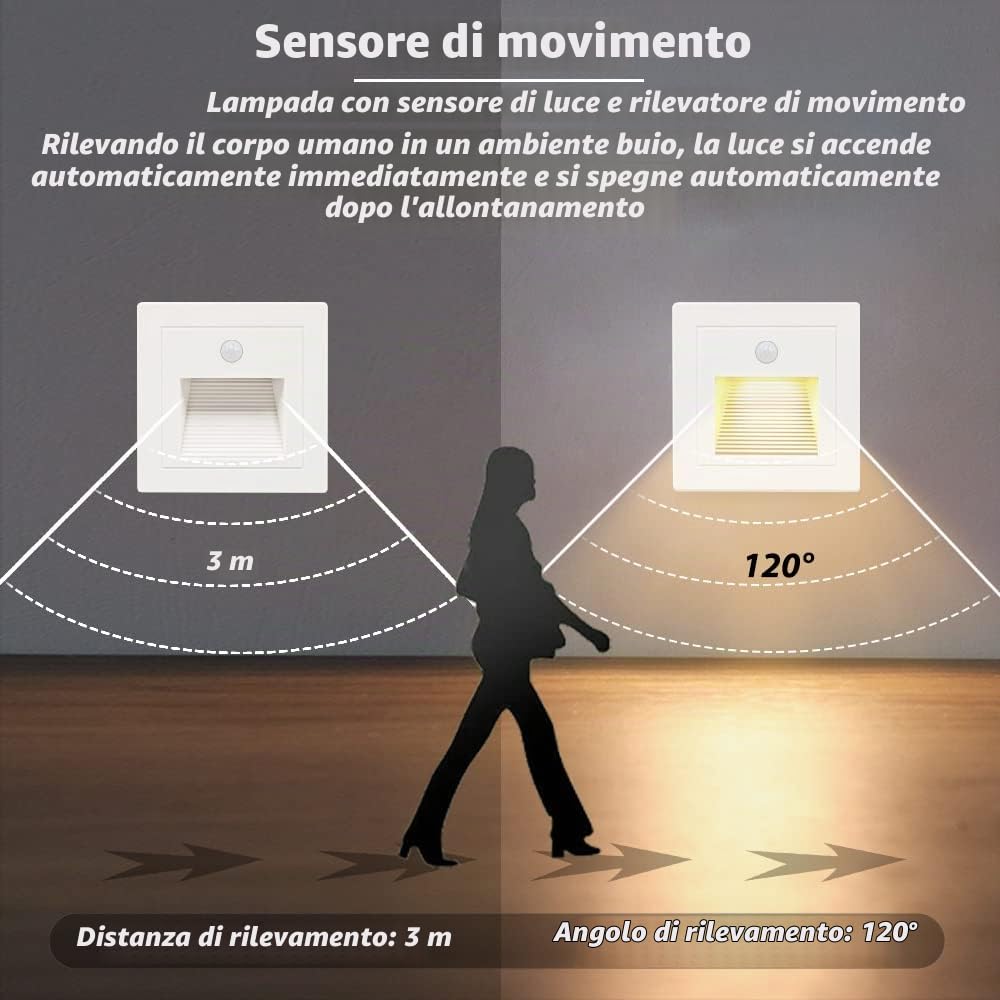 8pcs 1,5W Applique LED da incasso per scale Bianco Caldo 3000K Segnapasso LED Luci scale da incasso con Sensore di Movimento per scatola rotonda da 60mm, quadrata da 86mm 230V Bianco per Interno