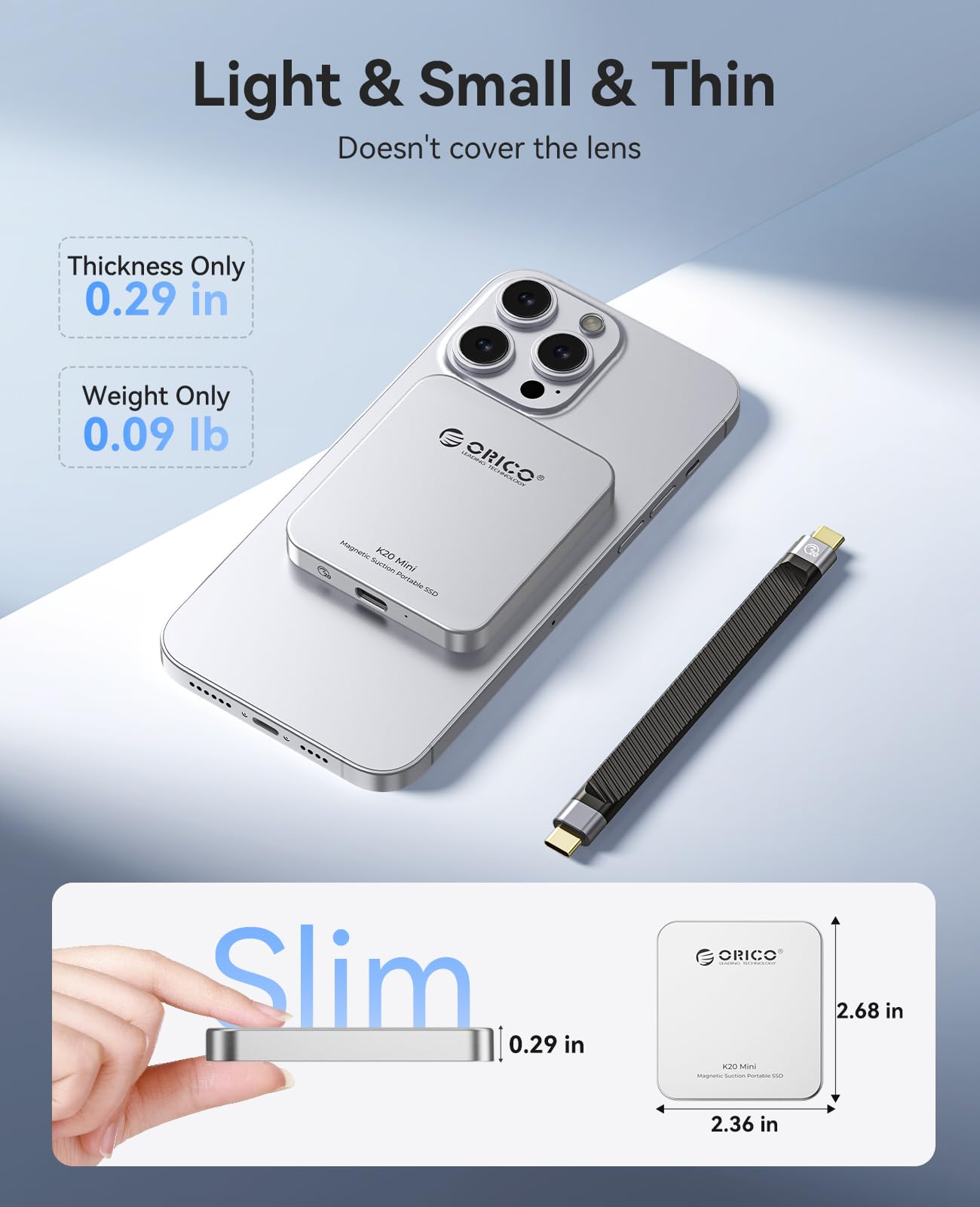 ORICO Ulepszony magnetyczny zewnętrzny dysk SSD 2 TB, stop aluminium, do 2000 MB/s, 4K 120 Hz ProRes HDR nagrywanie i przechowywanie, zewnętrzny dysk półprzewodnikowy, kompatybilny z iPhone 16 Pro Max