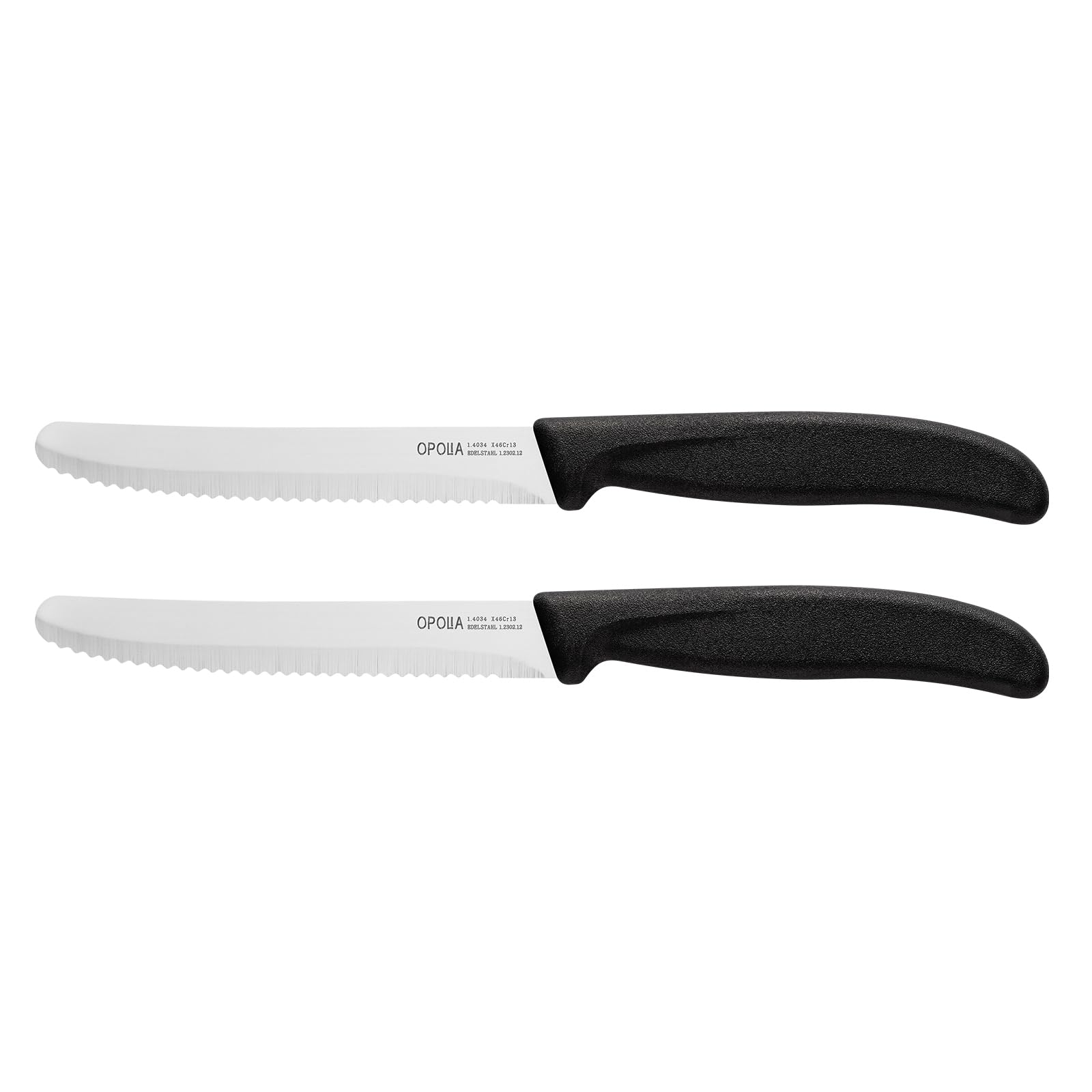 OPOLIA Tomato Knives,Black Table Knife Set of 2,Serrated Kitchen Knive,Stainless Steel Sharp Dinner Knife,Utility Knifes,Ergonomic Handle Paring Knives for Vegetable and Fruits,Dishwasher Safe