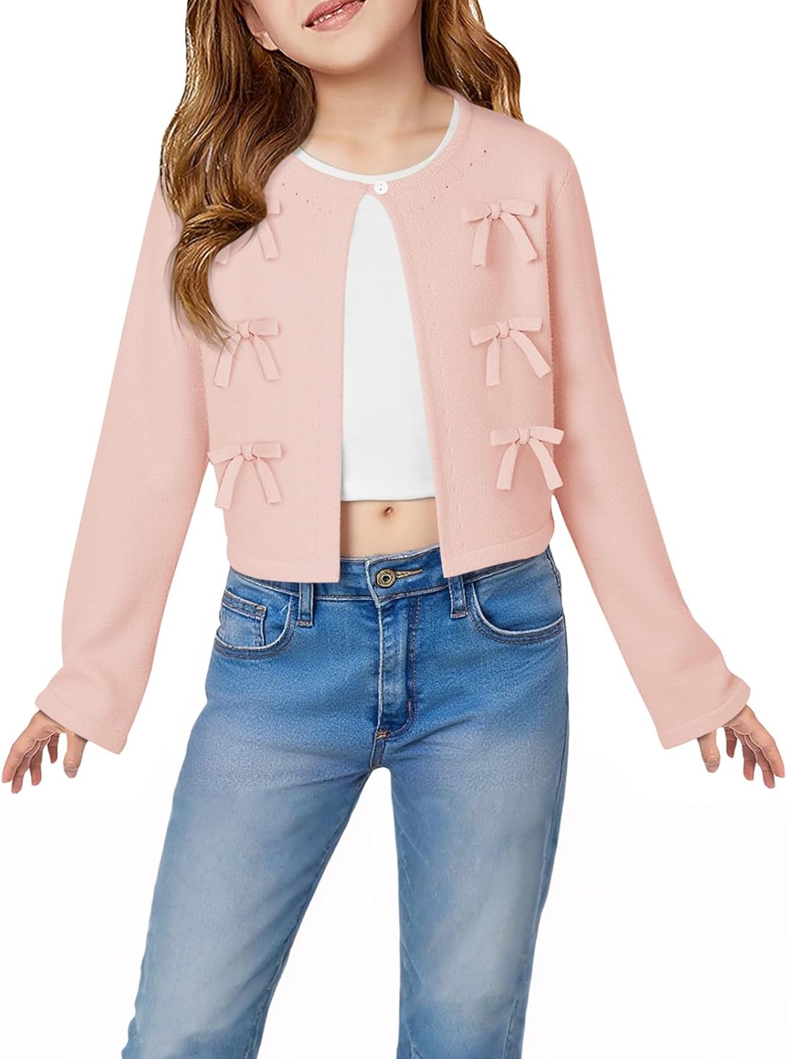 Haloumoning Girls Cropped Cardigan Sweater Kids Cute Bow Long Sleeve Knitted Sweaters Tops 5-14 Years - Image 2