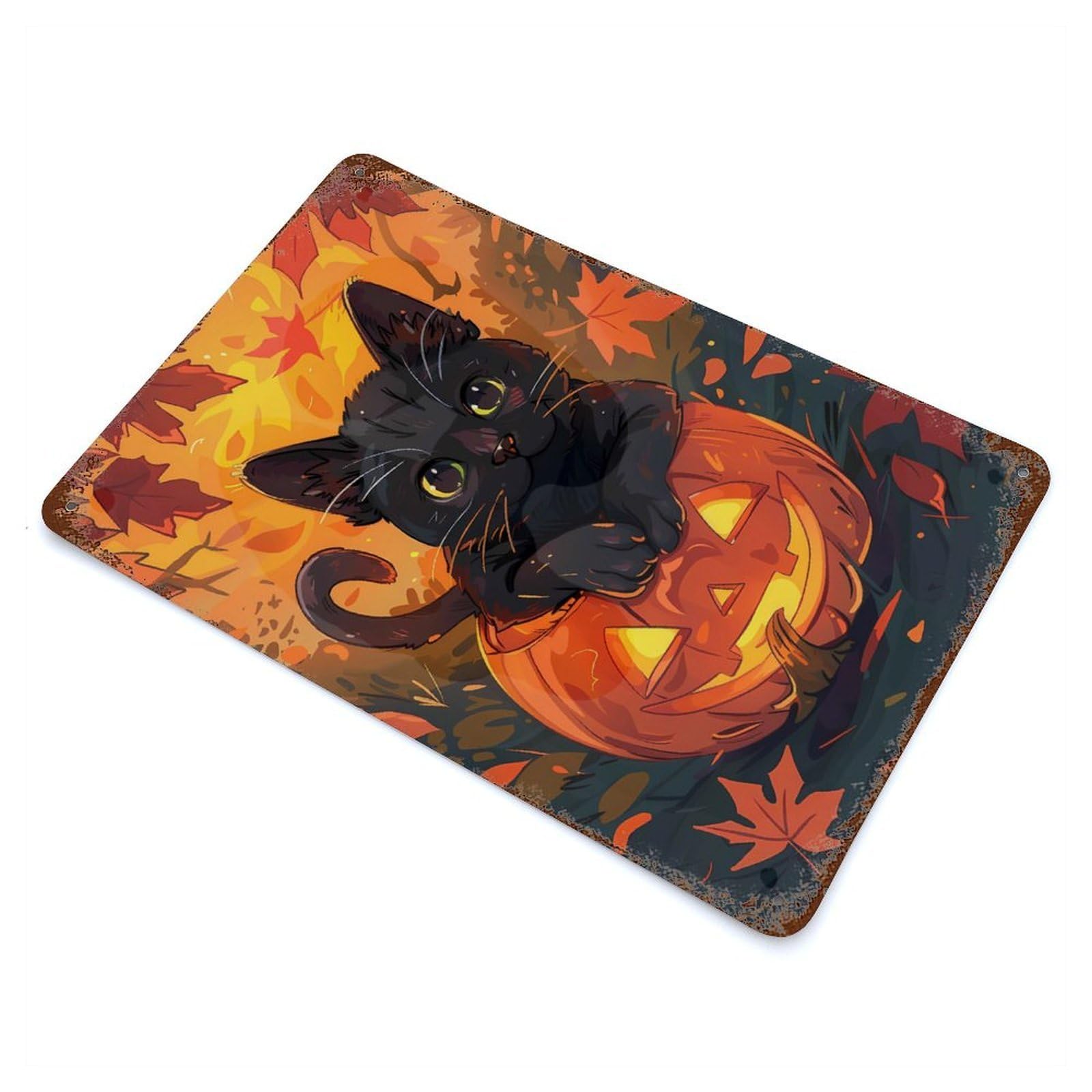 Garage Style Halloween Cat Pumpkin Aged Metal Wall Plaque 11.8"x7.9", Farmhouse Wall Decor for Bar And Workshop