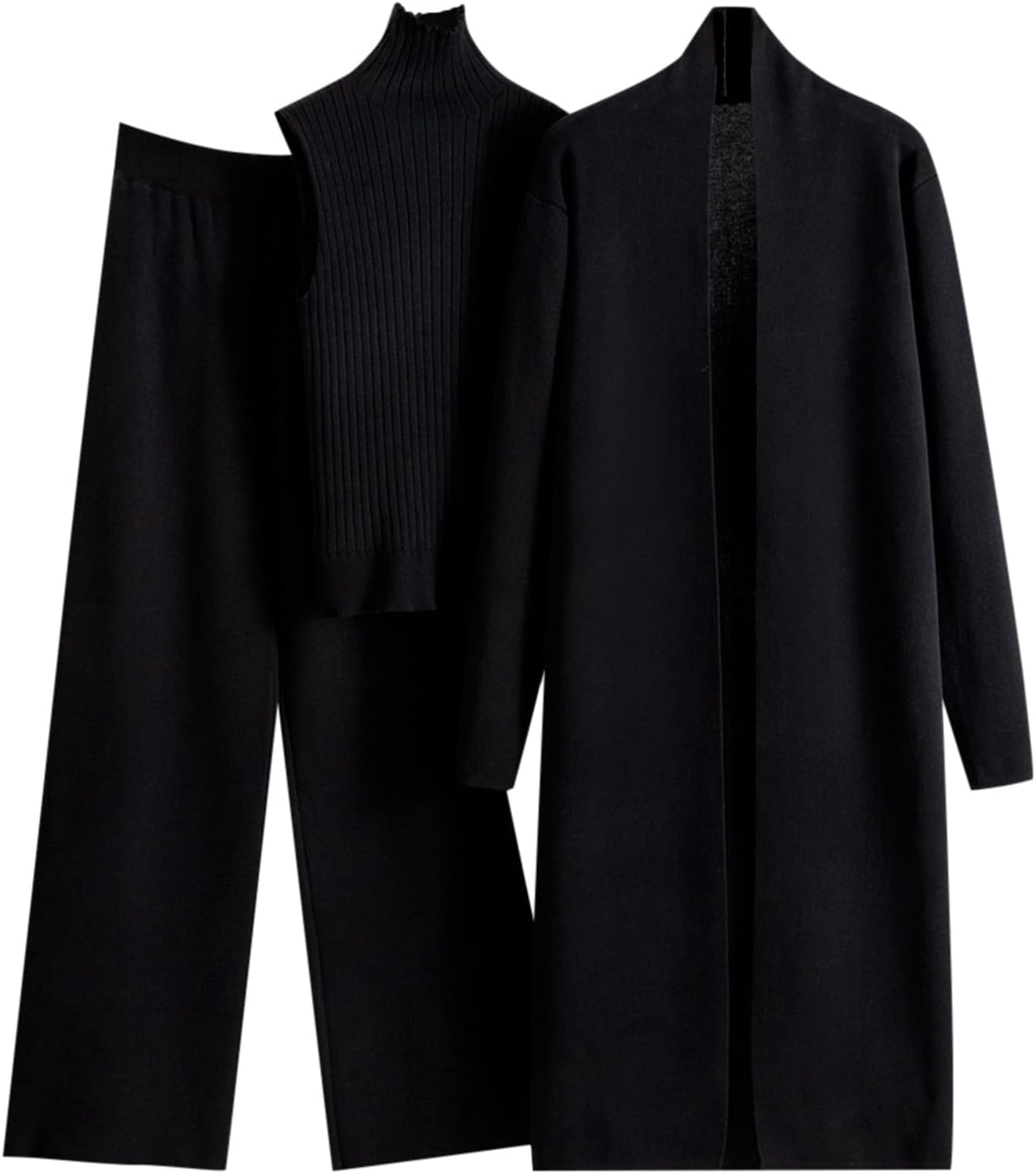 Women's 3 Piece Knit Lounge Set, Y2K Long Sleeve Cardigan Sleeveless Turtleneck Tank Top and Wide Leg Pants Matching Outfits - Image 4