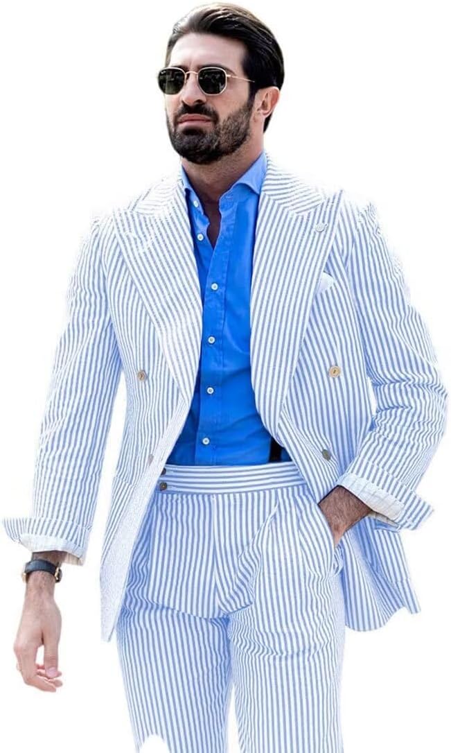 Double Breasted Seersucker Suit Men 2 Piece Suits for Men Summer Wedding Casual Big and Tall Lightweight