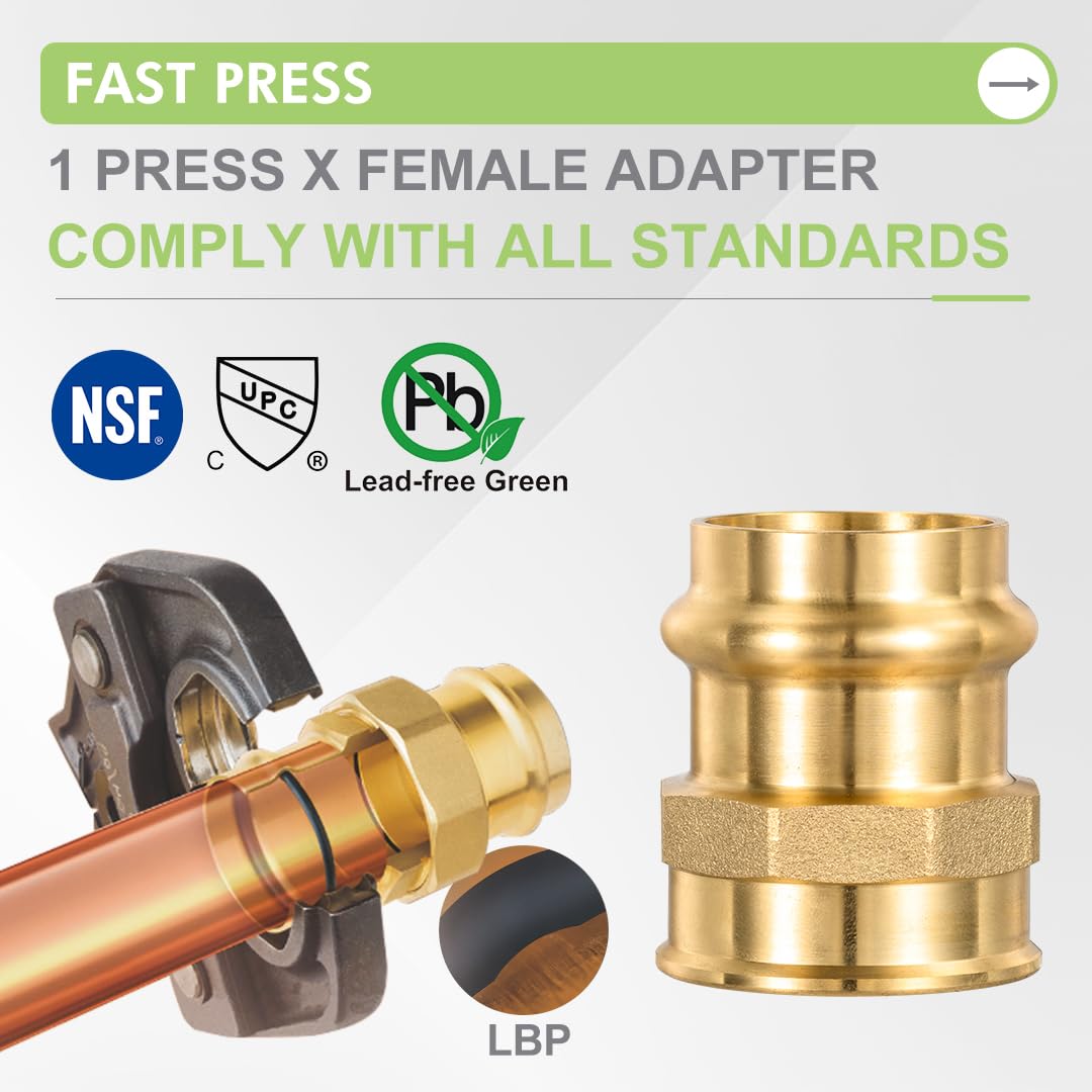 Paquete de 5 accesorios ProPress de latón ProPress de 1 pulgada x 1 pulgada NPT hembra adaptador ProPress de cobre a tubo NPT hembra con junta tórica EPDM para tuberías de cobre y conexiones