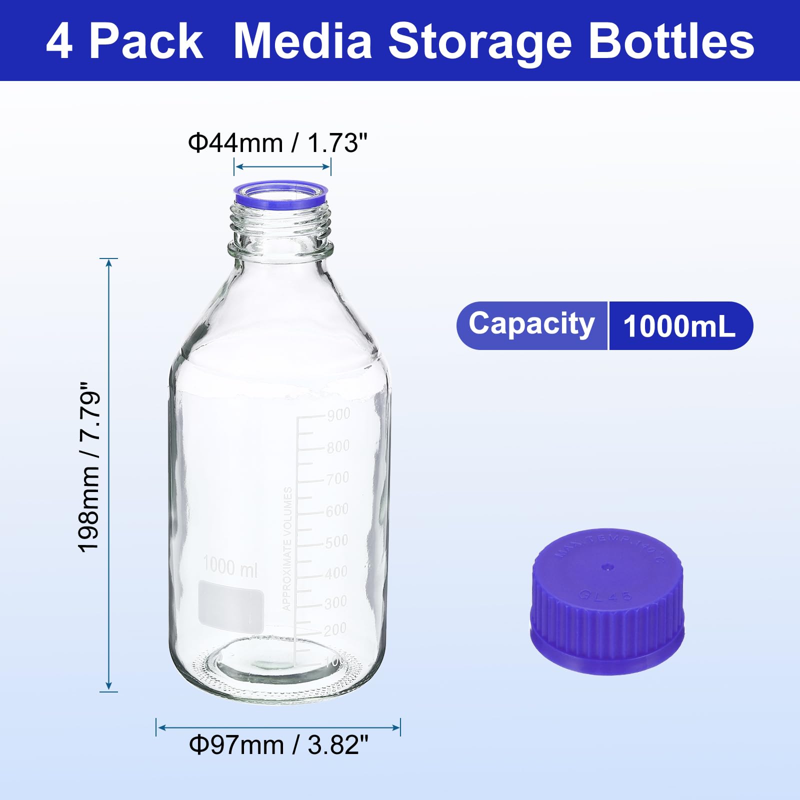 PATIKIL 4 Paquete Medios Almacenamiento Botellas, 1000ml Borosilicato Vidrio Redondas Graduada Botella con GL45 Azul Tornillo Tapa para Laboratorio Agua Reactivo Líquido, Claro